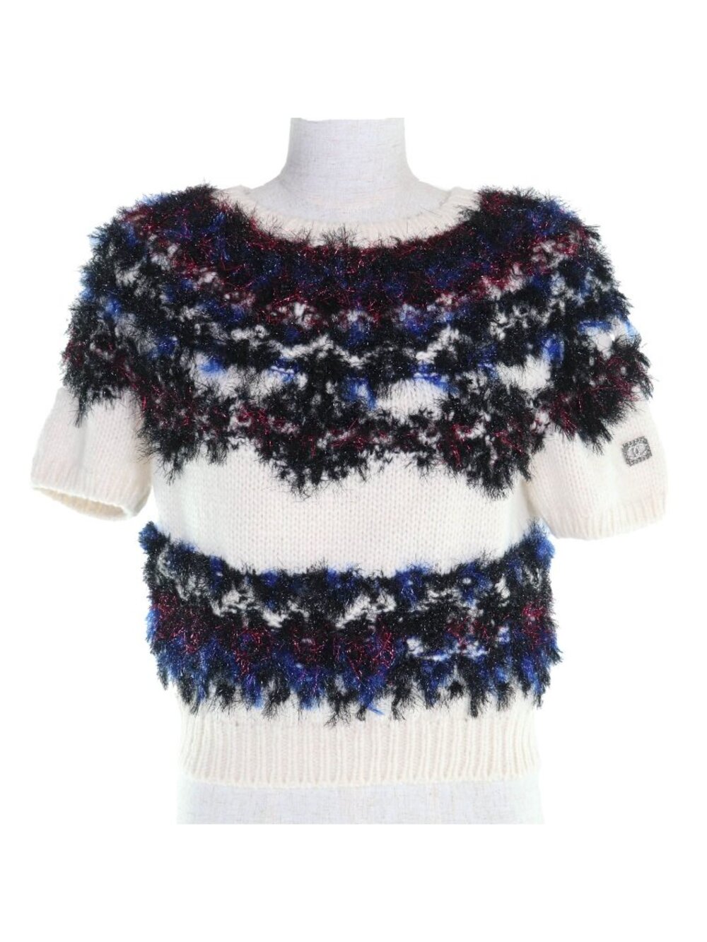 Chanel Cashmere Silk Blend CC Logo Stone Short Sleeve Knit Silver Sweater 38